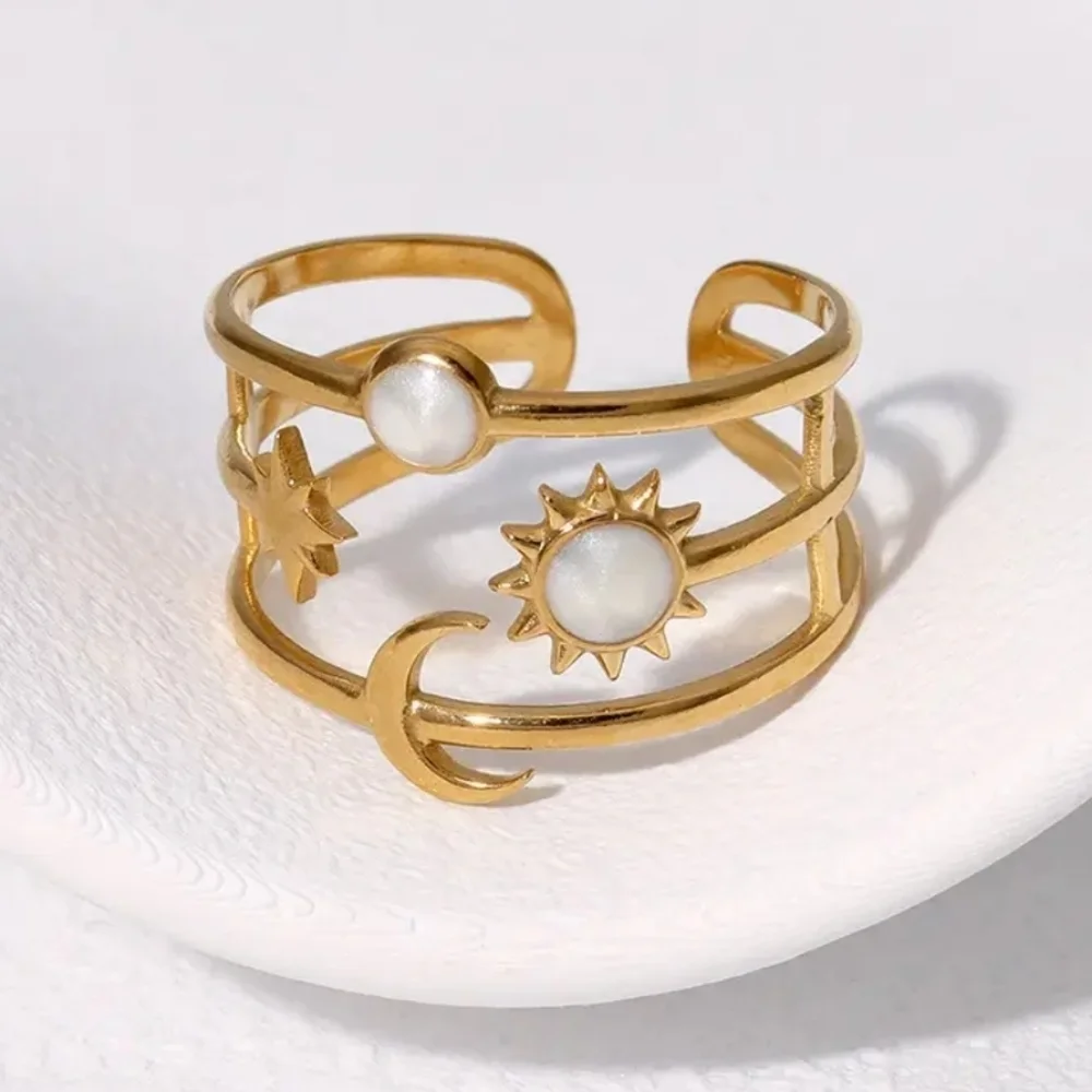 Restocked! New! Adjustable size ring: Sun, Moon & Star Ring, Synthetic Stones